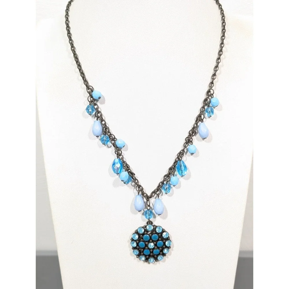 Vida Jewels Blue Rhinestone‎ Medallion Necklace Bronze Boho 21